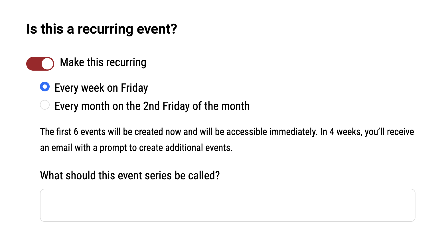 A toggle to make the event recurring 